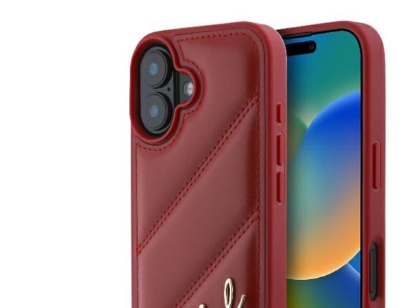 Karl Lagerfeld diagonalt quiltet script-deksel til iPhone 16 – rød