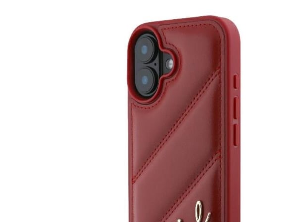 Karl Lagerfeld diagonalt quiltet script-deksel til iPhone 16 – rød