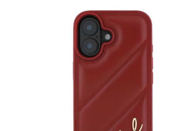 Karl Lagerfeld diagonalt quiltet script-deksel til iPhone 16 – rød