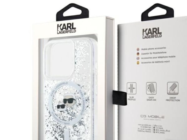 Karl Lagerfeld Liquid Glitter Karl & Choupette Head Magsafe-skal till iPhone 15 Pro - transparent