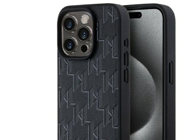 Karl Lagerfeld lær monogram Metall-Logo MagSafe etui til iPhone 15 Pro - sort