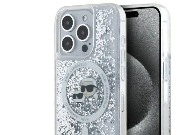 Karl Lagerfeld Liquid Glitter Karl & Choupette head Magsafe-fodral för iPhone 15 Pro Max - Klar
