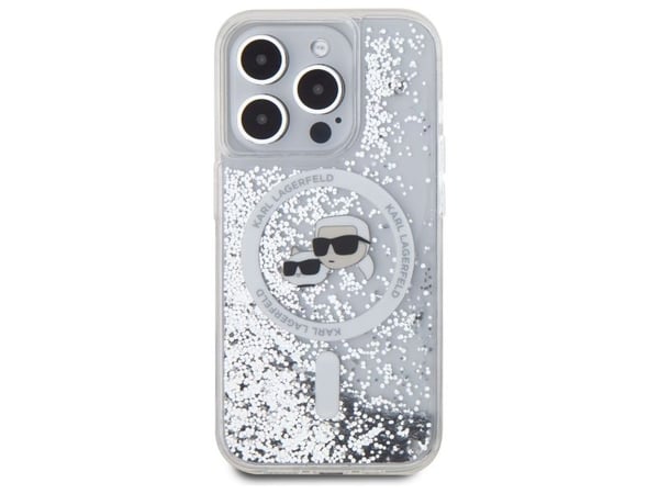 Karl Lagerfeld Liquid Glitter Karl & Choupette head Magsafe-fodral för iPhone 15 Pro Max - Klar