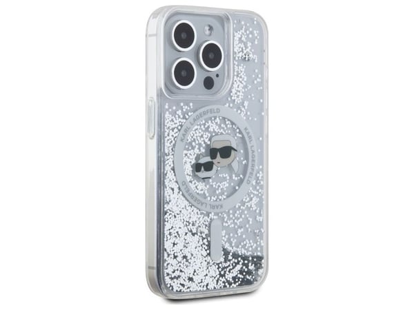 Karl Lagerfeld Liquid Glitter Karl & Choupette head Magsafe-fodral för iPhone 15 Pro Max - Klar