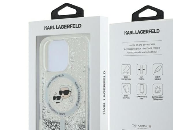 Karl Lagerfeld-hette til iPhone 16 Pro 6,3" KLHMP16LLGKCSGH gjennomsiktig Hardcase Liquid Glitter Karl&amp;Choupette Head MagSafe