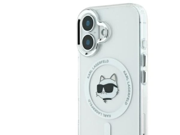 Karl Lagerfeld korkki iPhone 16 Plus 6.7" KLHMP16MHLSCHH valkoinen Hardcase IML metalli Choupette Head MagSafe