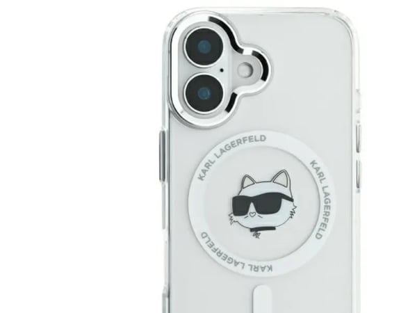 Karl Lagerfeld korkki iPhone 16 Plus 6.7" KLHMP16MHLSCHH valkoinen Hardcase IML metalli Choupette Head MagSafe