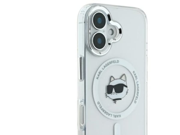 Karl Lagerfeld korkki iPhone 16 Plus 6.7" KLHMP16MHLSCHH valkoinen Hardcase IML metalli Choupette Head MagSafe