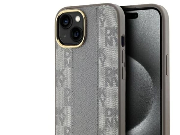 Dėklas DKNY DKHMP15MPCPVSLE iPhone 15 Plus 6.7" smėlio spalva/beige kovakotelo Nahka Checkered Mono Pattern MagSafe