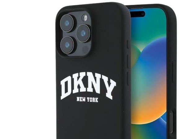 DKNY DKHMP16XSNYACH iPhone 16 Pro Max 6.9" svart hardcase silikon hvitt trykt logo MagSafe