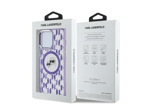 Apple iPhone 15 Pro Karl Lagerfeld IML Monogram Karl&amp;Choupette Head MagSafe (KLHMP15LHMCKMHU) puhelimen kotelo violetti