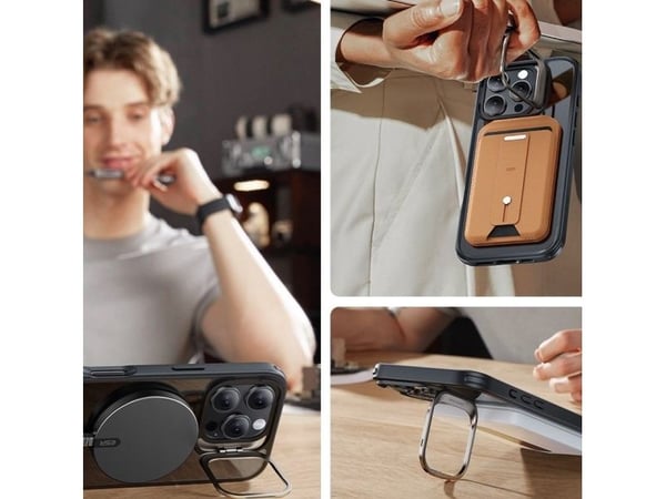 ESR Classic Hybrid Kickstand Halolock MagSafe-deksel med stativ + herdet glass til iPhone 16 Pro Max - klar med sort ramme