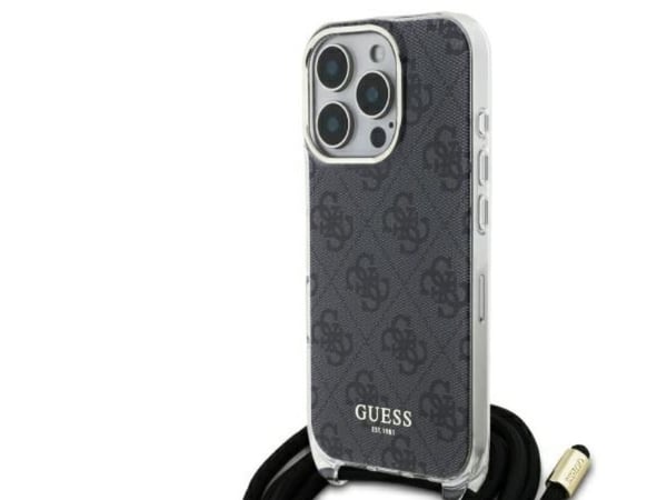 Guess crossbody-hylster med 4G-print og lanyard til iPhone 16 Pro - sort
