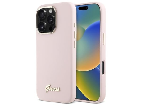 Guess Guess GUHCP16LSMBSLP iPhone 16 Pro 6.3" różowy/pinkki kovakotelo Silikoni Script Metallinen logo ja kehys