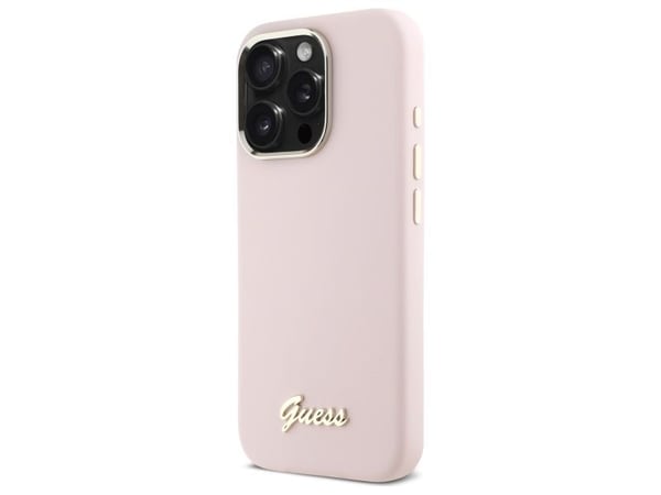 Guess Guess GUHCP16LSMBSLP iPhone 16 Pro 6.3" różowy/pinkki kovakotelo Silikoni Script Metallinen logo ja kehys