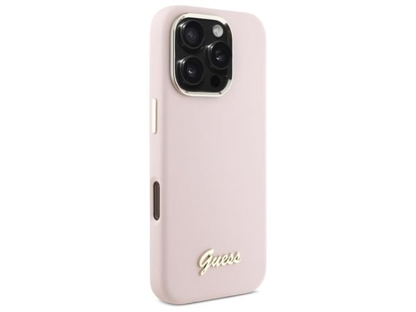 Guess Guess GUHCP16LSMBSLP iPhone 16 Pro 6.3" różowy/pinkki kovakotelo Silikoni Script Metallinen logo ja kehys