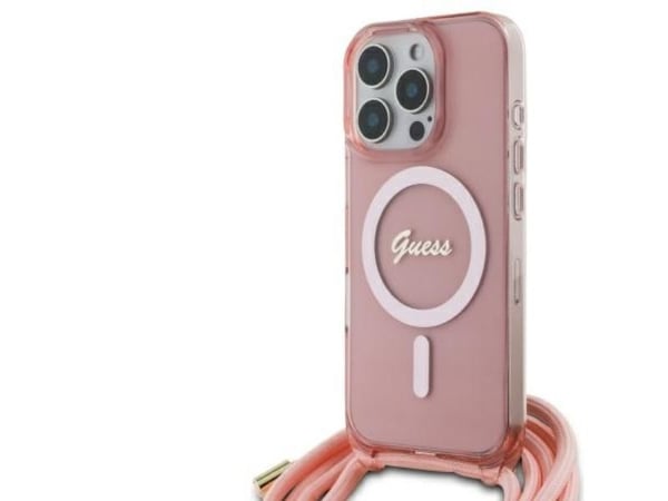 Guess Guess GUHMP16LHCTSGNSP iPhone 16 Pro 6.3" vaaleanpunainen/vaaleanpunainen kovakotelo Crossbody Johto Script MagSafe -kirjoitus