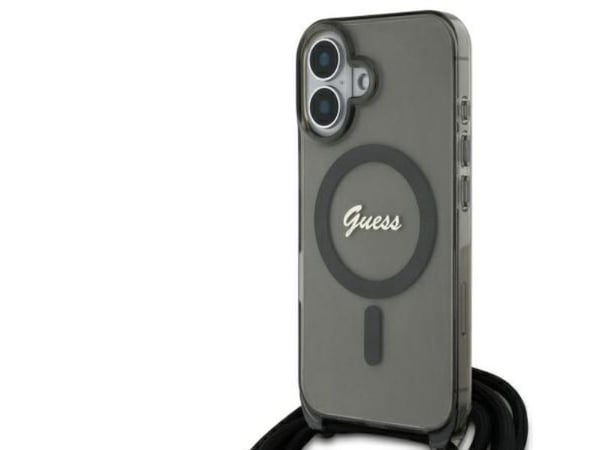 Dėklas Guess GUHMP16SHCTSGNSK iPhone 16 6.1" juoda/juodas kovakotelo Crossbody johto Script MagSafe
