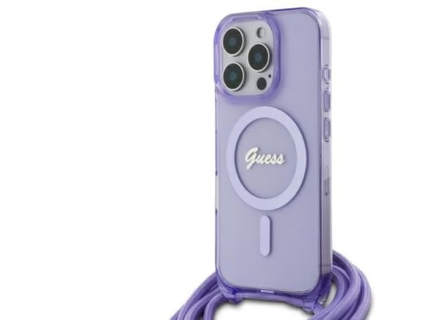 Guess crossbody snöre-script MagSafe-skal för iPhone 16 Pro Max - lila