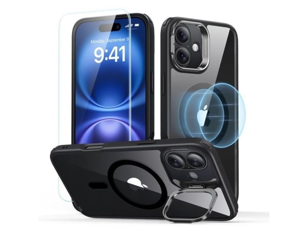 ESR Classic Hybrid Kickstand HaloLock Magsafe &amp;amp; Herdet glass iPhone 16 gjennomsiktig svart