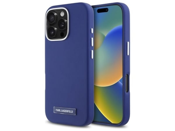 Karl Lagerfeld FW metallplatta MagSafe-fodral för iPhone 16 Pro - blå