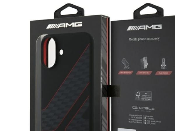 Deklas Mercedes AMG AMHMP16S2SCFR iPhone 16 6.1" juoda/juodas kovakotelo Ruutulippukuvio MagSafe