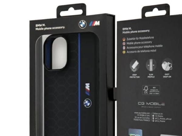 BMW silikon hexagon blå linje MagSafe iPhone 16-skal - svart