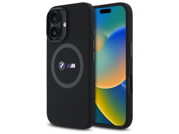 BMW BMHMP16S23SROK Apple iPhone 16 6.1 "tapauksessa puhelimen musta M silikoni painettu rengas MagSafe