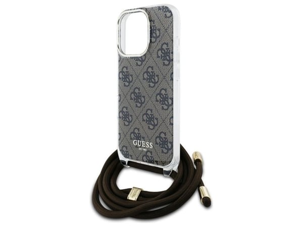 Guess axelremsväska Crossbody Cord 4G tryckfodral för iPhone 16 Pro - brun