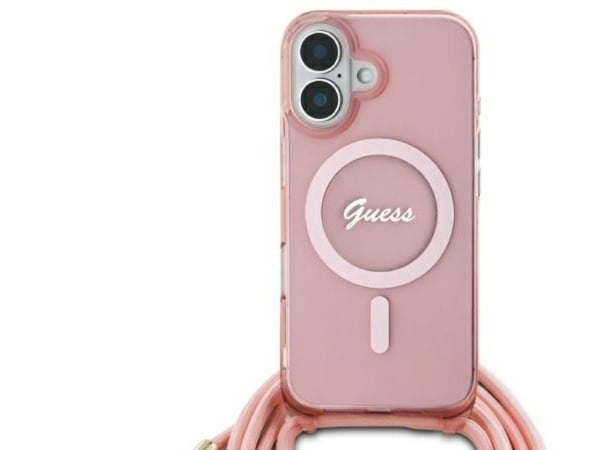 Guess crossbody snor script MagSafe iPhone 16 deksel - rosa
