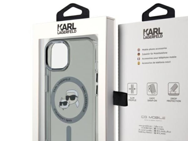 Deklas Karl Lagerfeld IML K&amp;CH Heads Metal Frame MagSafe Case for iPhone 15 Juodas