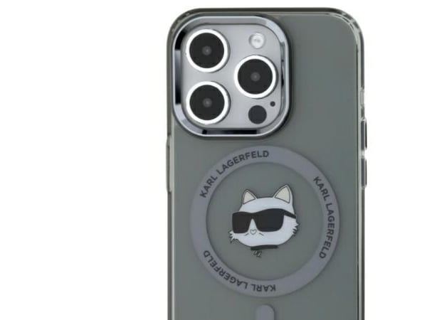 Deklas Karl Lagerfeld IML Choupette Head Metal Frame MagSafe Case for iPhone 15 Pro Max Juodas