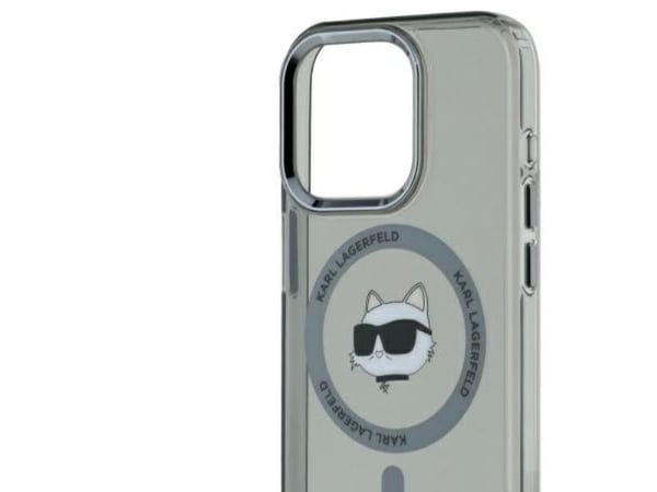 Deklas Karl Lagerfeld IML Choupette Head Metal Frame MagSafe Case for iPhone 15 Pro Max Juodas