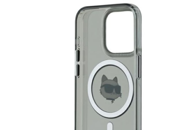 Deklas Karl Lagerfeld IML Choupette Head Metal Frame MagSafe Case for iPhone 15 Pro Max Juodas