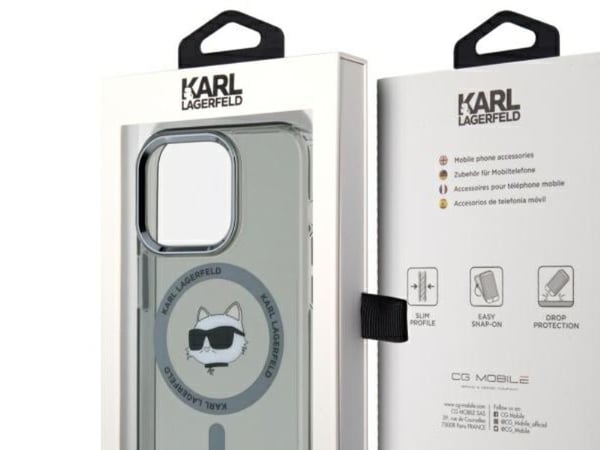 Deklas Karl Lagerfeld IML Choupette Head Metal Frame MagSafe Case for iPhone 15 Pro Max Juodas