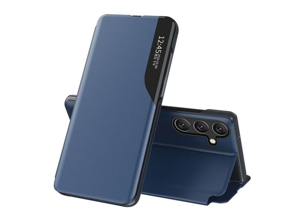 Eco Leather View-etui til Samsung Galaxy S24 FE med klaff og stativ - Blå
