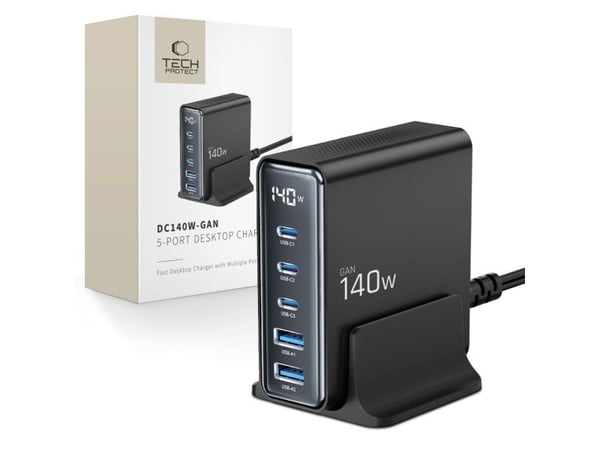 Tech-Protect DC140W-GAN 5-ports skrivebordslader PD140W/QC3.0 BLACK