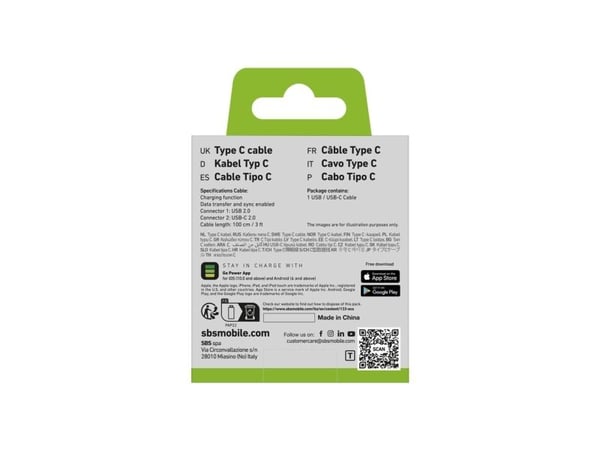 SBS TECABLETYC1KPOS, 1 m, USB A, USB C, USB 2.0, Lajittelu