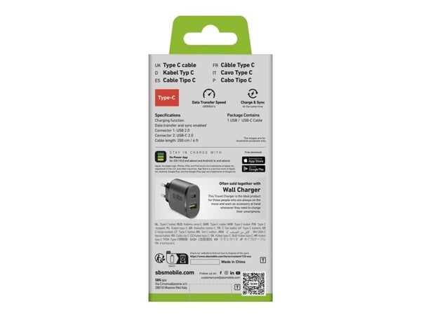 SBS TECABLETC220K, 2 m, USB A, USB C, USB 2.0, Svart