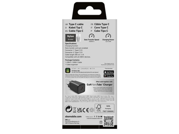 SBS TECABLETISSUE2G, 2 m, USB C, USB C, Grå