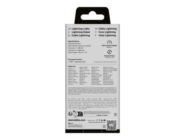 TECABLEUSBIP589K USB-A - Lightning SBS-kabel 1m med MFi-sertifisering - svart