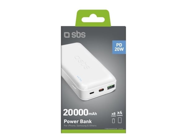 Powerbank SBS TTBB20000PD20W 20000 mAh 20W Power Delivery med MicroUSB, USB-C, USB-A - vit