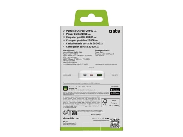 Powerbank SBS TTBB20000PD20W 20000 mAh 20W Power Delivery med MicroUSB, USB-C, USB-A - vit