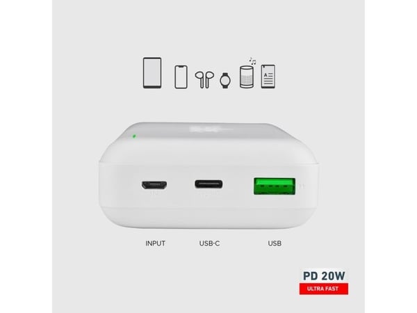 Powerbank SBS TTBB20000PD20W 20000 mAh 20W Power Delivery med MicroUSB, USB-C, USB-A - vit