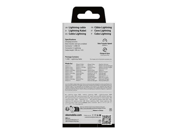SBS TECABLEUSBIP589A, 1 m, Lightning, USB A, Hankoppling, Hankoppling, Blå
