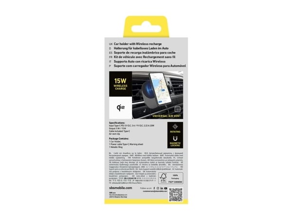 SBS TESUPPVENTWIRQI215W, Automaattinen, USB, Langaton lataus, Musta