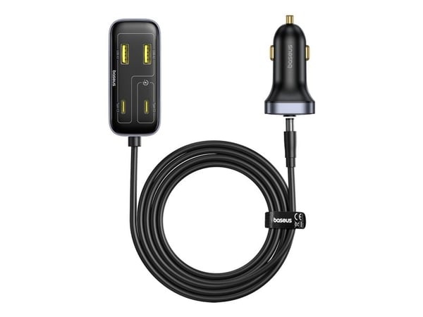 Baseus BackseatPal L1 110W 3 x USB-A + 3 x USB-C billader med 1,5 m forlengelseskabel - svart