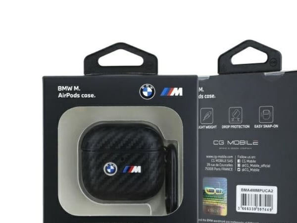 BMW BMA4WMPUCA2 AirPods 4 kuulokkeiden tapauksessa musta Carbon Double Metal Logo