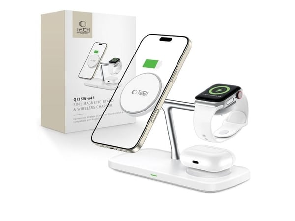 Tech-Protect QI15W-A45 3-i-1 magnetisk Magsafe trådlader 15W hvit