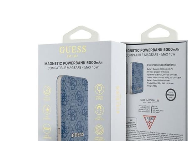 Guess induktiv powerbank 15W GUPB5FP4EMGB 5000 mAh blå 4G Leather Metal Logo MagSafe